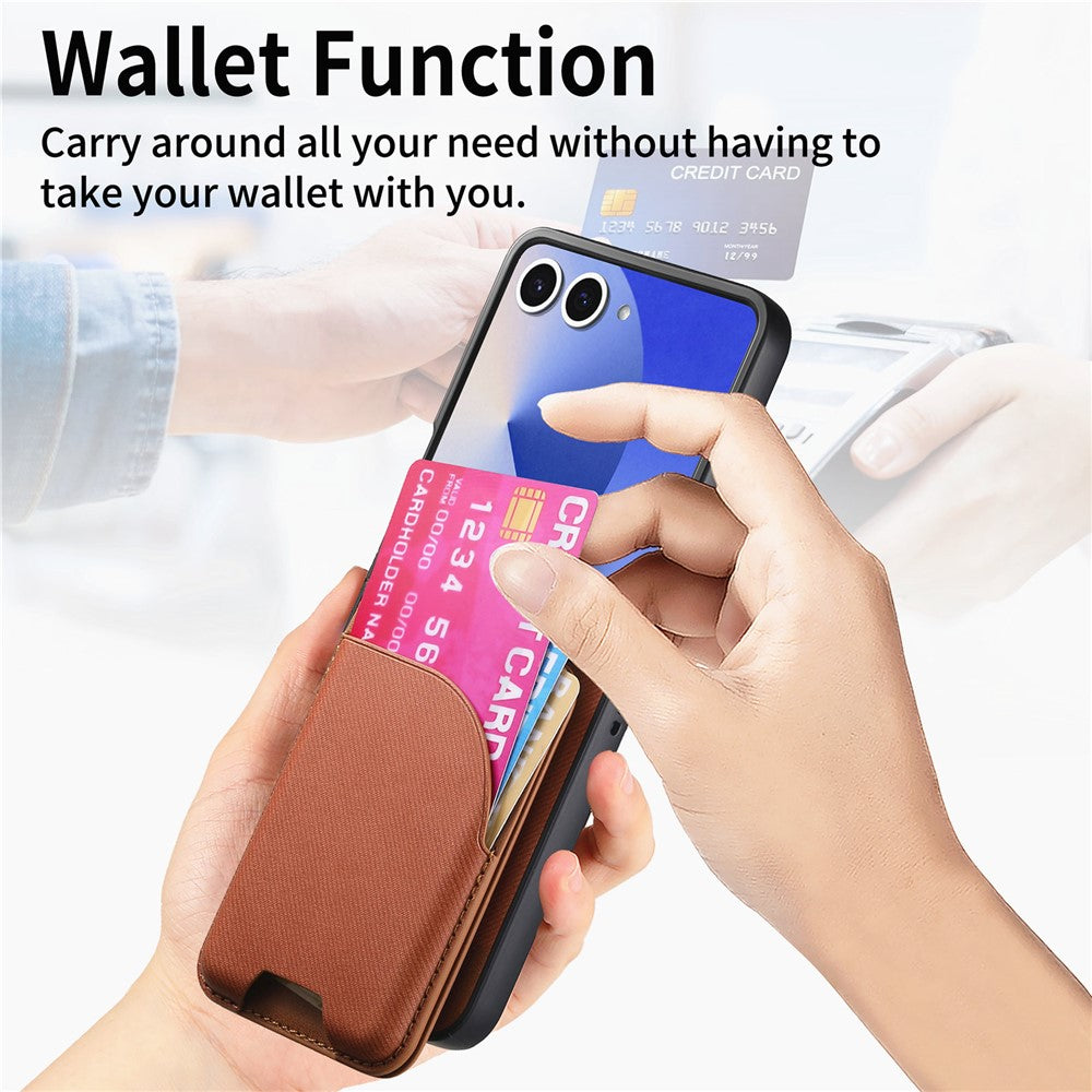 For Samsung Galaxy Z Flip7 5G Magnetic Case Kickstand Denim Texture Leather Back Cover with Detachable Card Bag - Brown