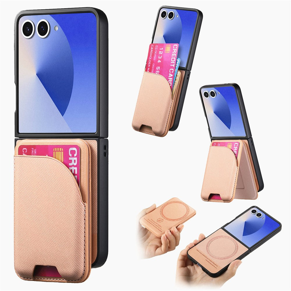 For Samsung Galaxy Z Flip7 5G Magnetic Case Kickstand Denim Texture Leather Back Cover with Detachable Card Bag - Pink