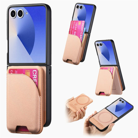 For Samsung Galaxy Z Flip7 5G Magnetic Case Kickstand Denim Texture Leather Back Cover with Detachable Card Bag - Pink