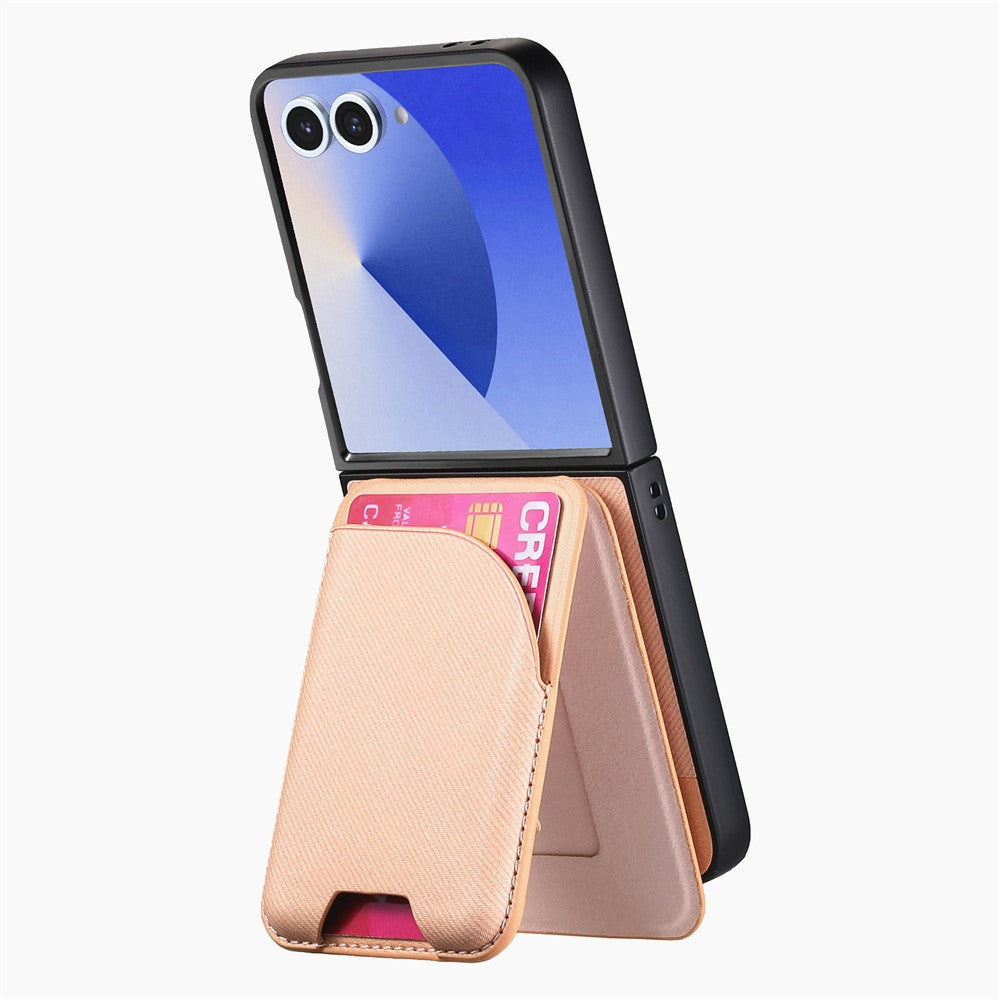 For Samsung Galaxy Z Flip7 5G Magnetic Case Kickstand Denim Texture Leather Back Cover with Detachable Card Bag - Pink