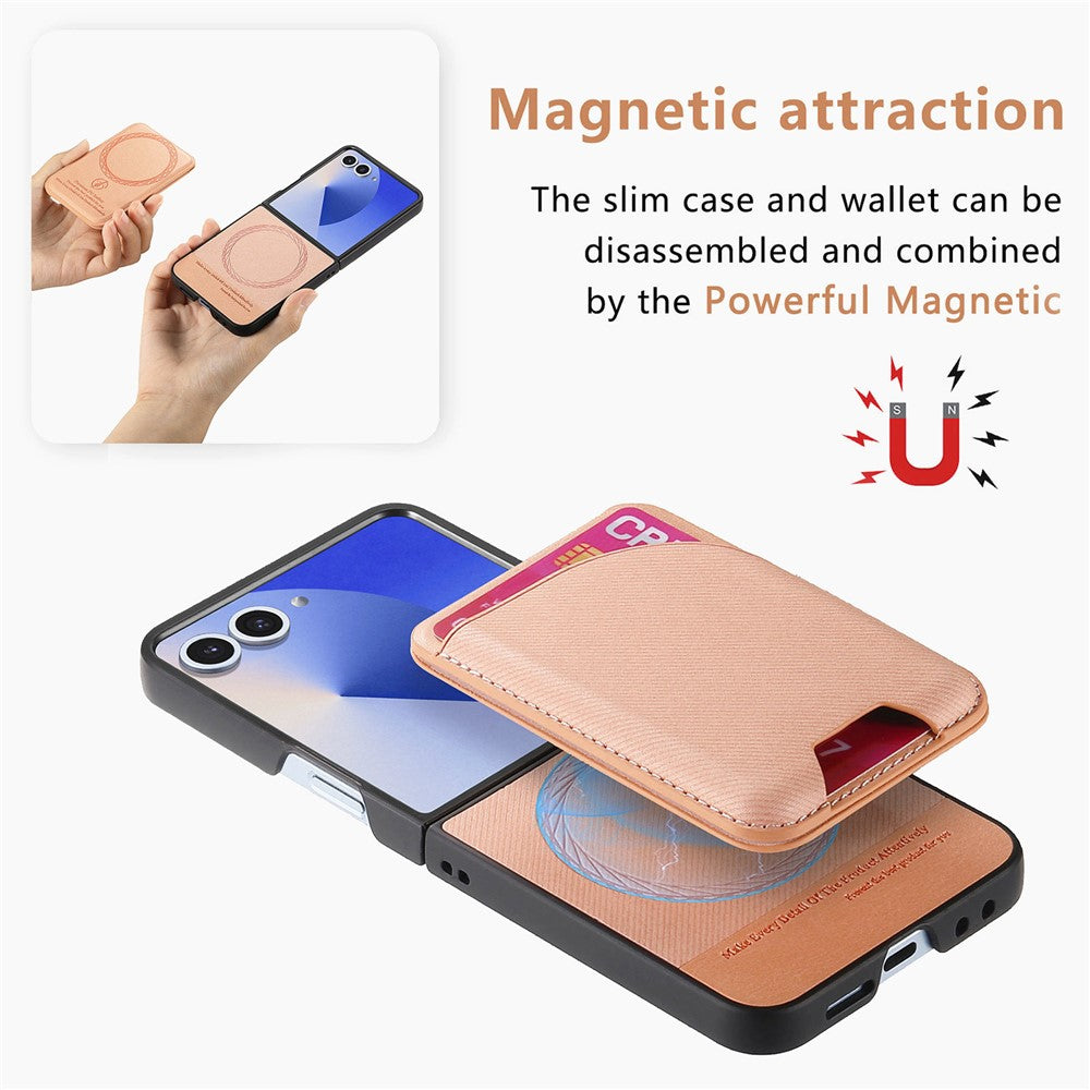 For Samsung Galaxy Z Flip7 5G Magnetic Case Kickstand Denim Texture Leather Back Cover with Detachable Card Bag - Pink