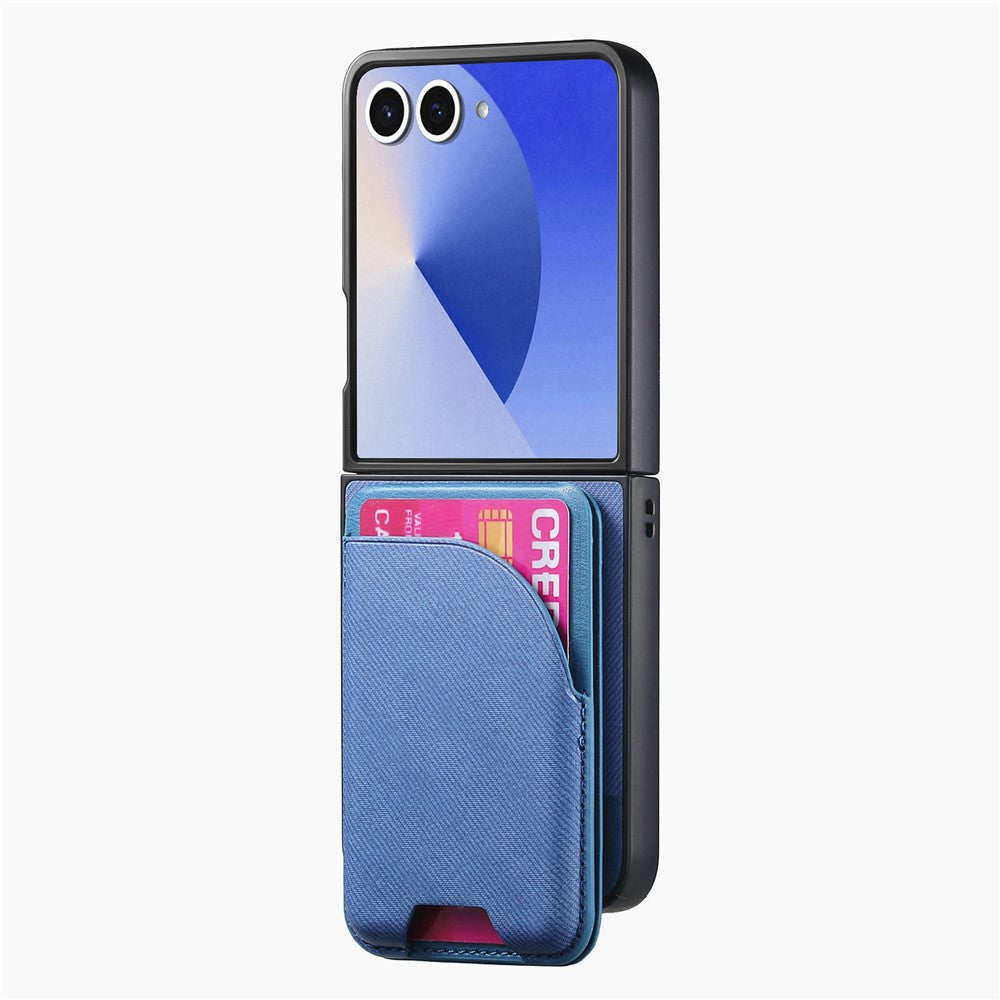 For Samsung Galaxy Z Flip7 5G Magnetic Case Kickstand Denim Texture Leather Back Cover with Detachable Card Bag - Blue