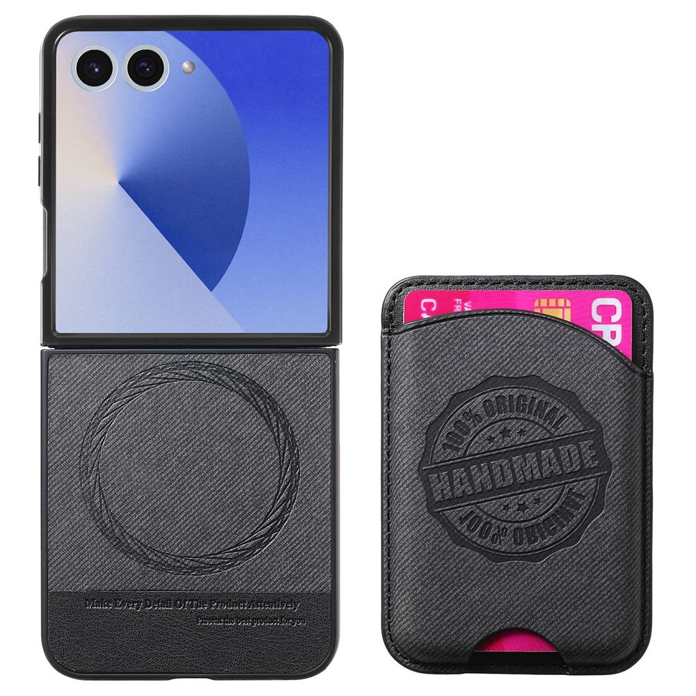 For Samsung Galaxy Z Flip7 5G Case with Card Bag Compatible with MagSafe Denim Texture Leather Back Cover - Black