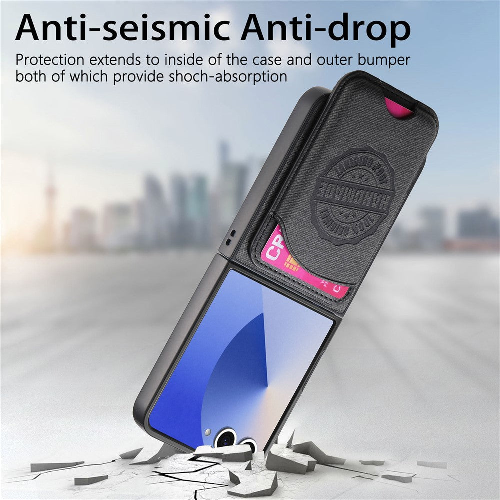 For Samsung Galaxy Z Flip7 5G Case with Card Bag Compatible with MagSafe Denim Texture Leather Back Cover - Black