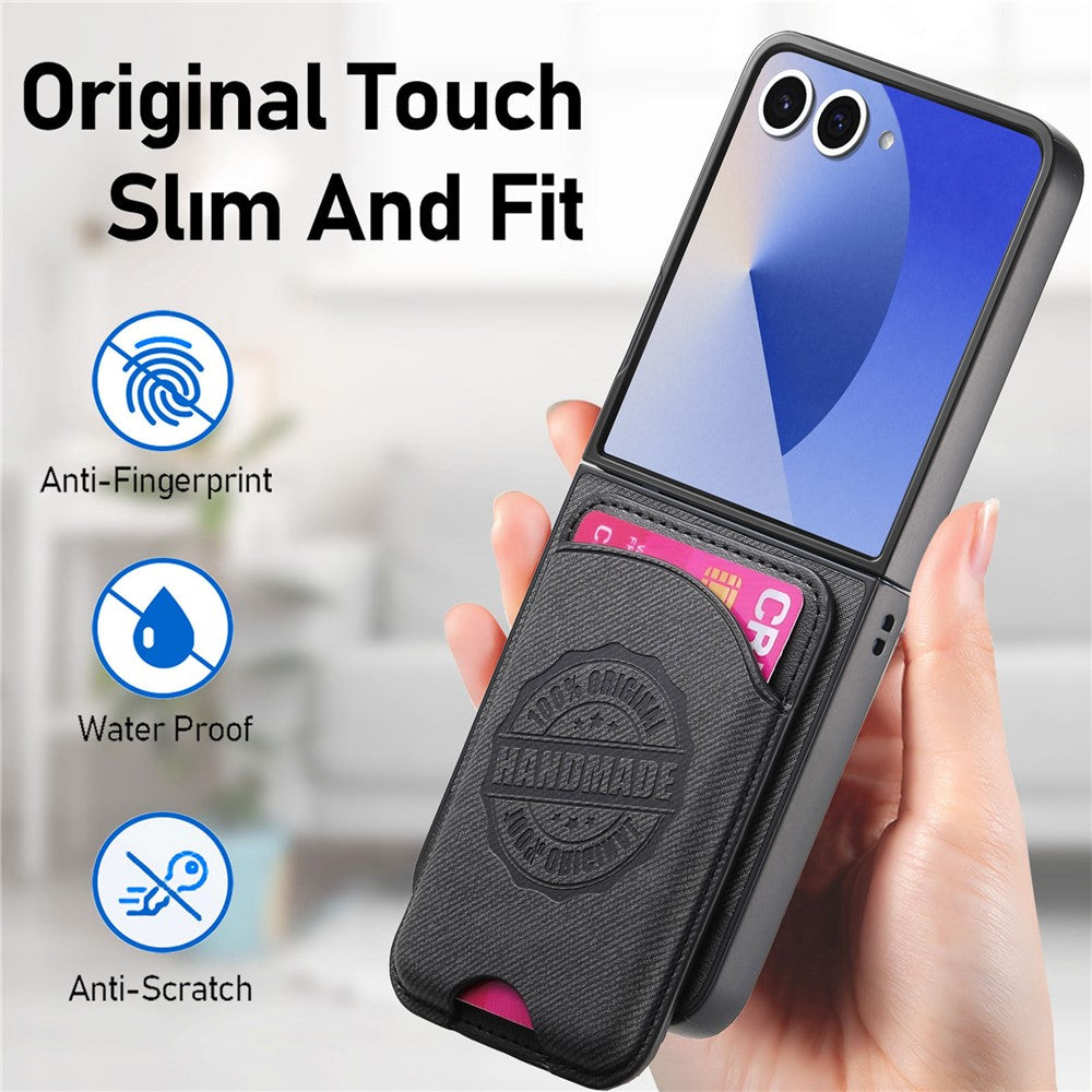 For Samsung Galaxy Z Flip7 5G Case with Card Bag Compatible with MagSafe Denim Texture Leather Back Cover - Black