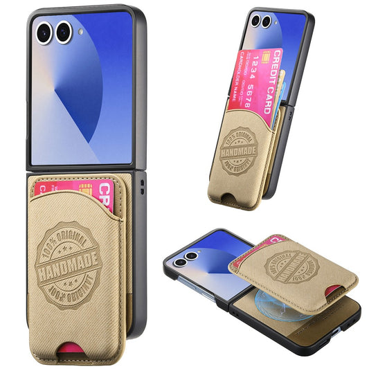 For Samsung Galaxy Z Flip7 5G Case with Card Bag Compatible with MagSafe Denim Texture Leather Back Cover - Khaki