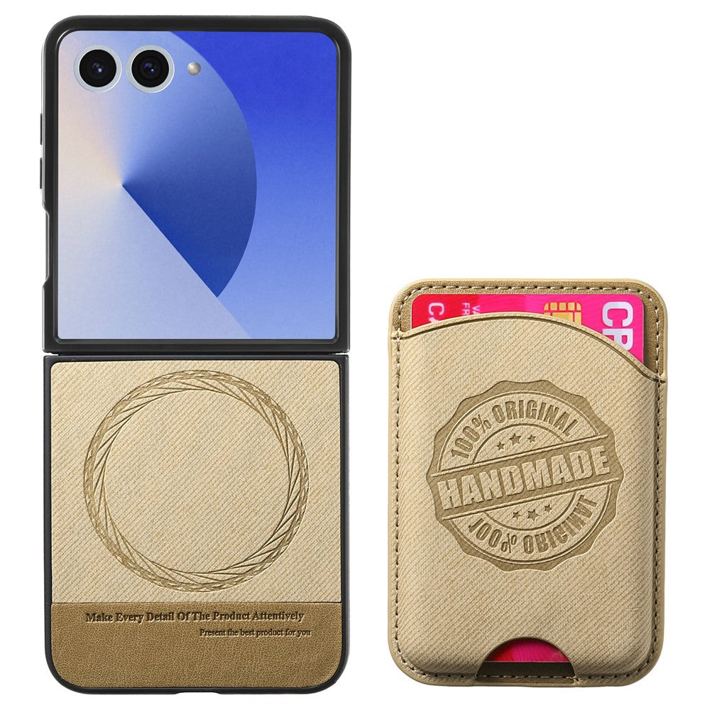 For Samsung Galaxy Z Flip7 5G Case with Card Bag Compatible with MagSafe Denim Texture Leather Back Cover - Khaki