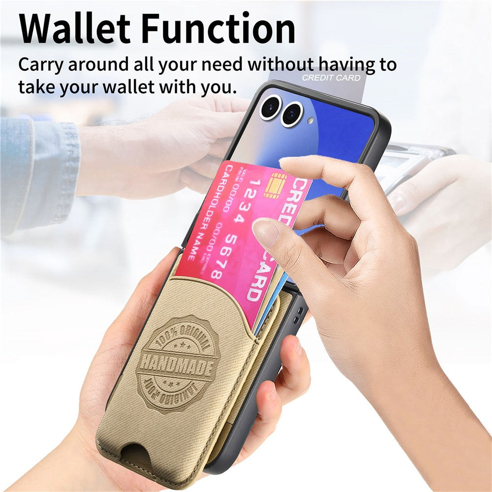For Samsung Galaxy Z Flip7 5G Case with Card Bag Compatible with MagSafe Denim Texture Leather Back Cover - Khaki