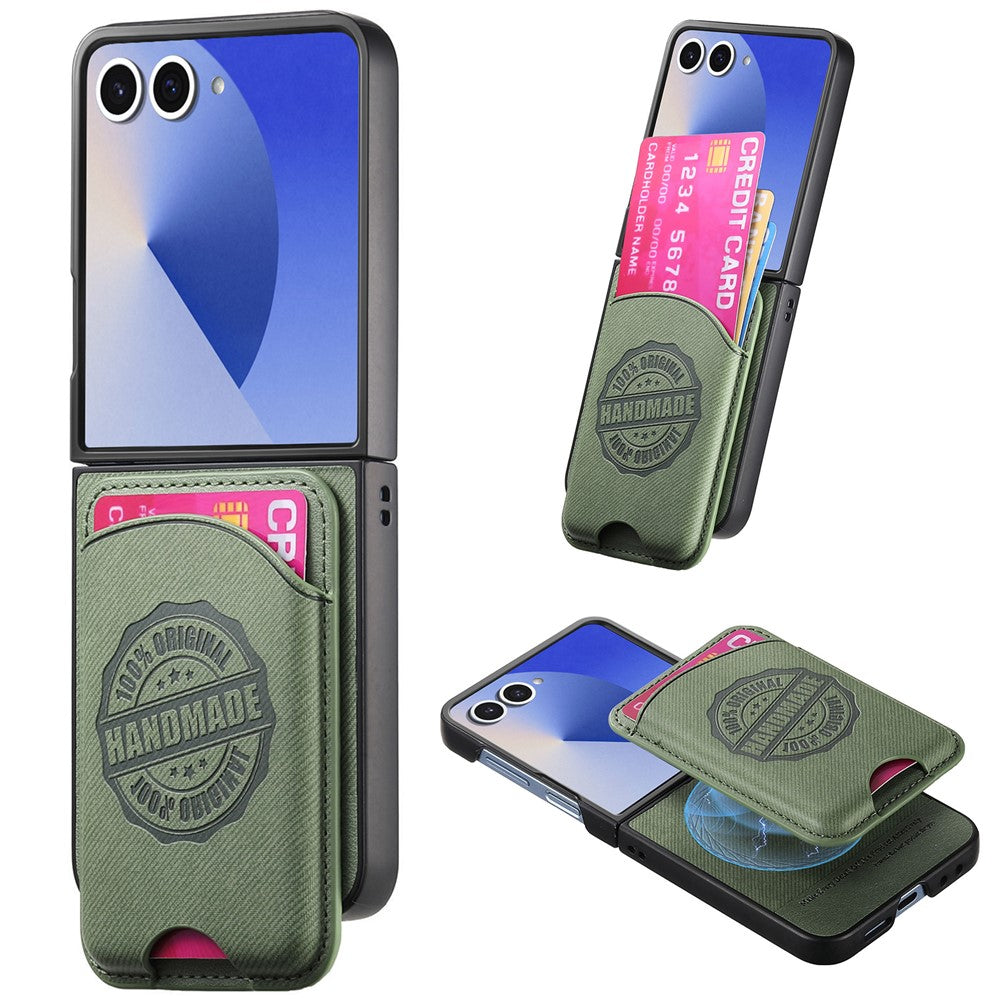 For Samsung Galaxy Z Flip7 5G Case with Card Bag Compatible with MagSafe Denim Texture Leather Back Cover - Green