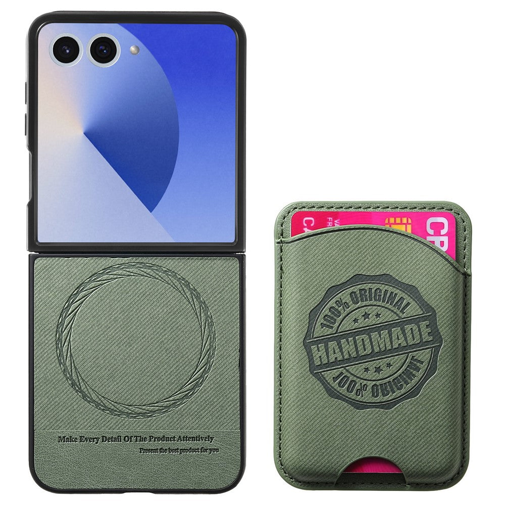 For Samsung Galaxy Z Flip7 5G Case with Card Bag Compatible with MagSafe Denim Texture Leather Back Cover - Green