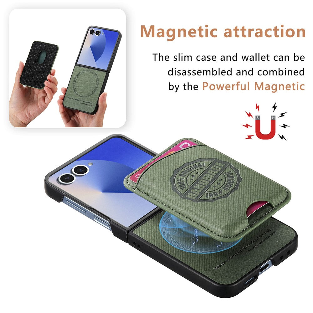 For Samsung Galaxy Z Flip7 5G Case with Card Bag Compatible with MagSafe Denim Texture Leather Back Cover - Green