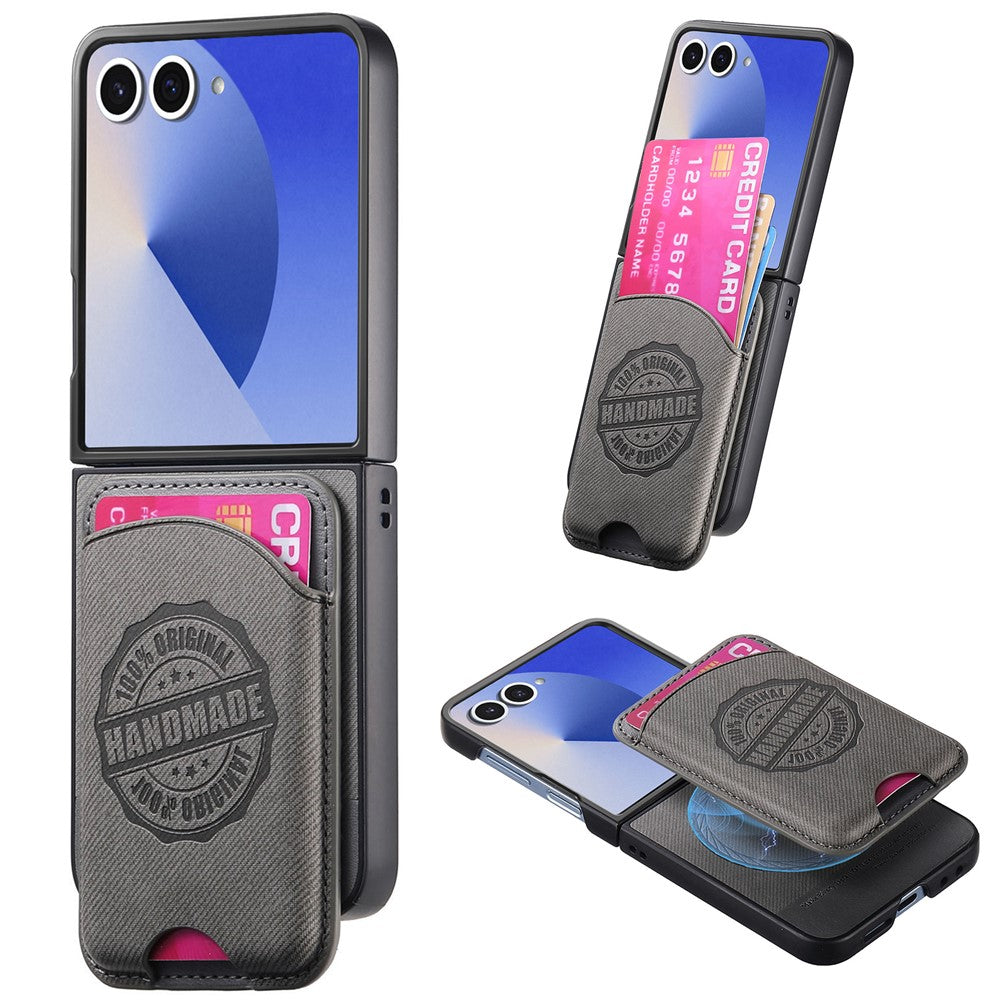 For Samsung Galaxy Z Flip7 5G Case with Card Bag Compatible with MagSafe Denim Texture Leather Back Cover - Grey
