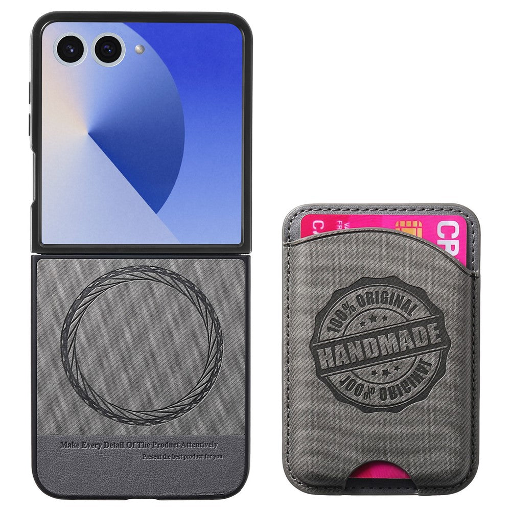 For Samsung Galaxy Z Flip7 5G Case with Card Bag Compatible with MagSafe Denim Texture Leather Back Cover - Grey