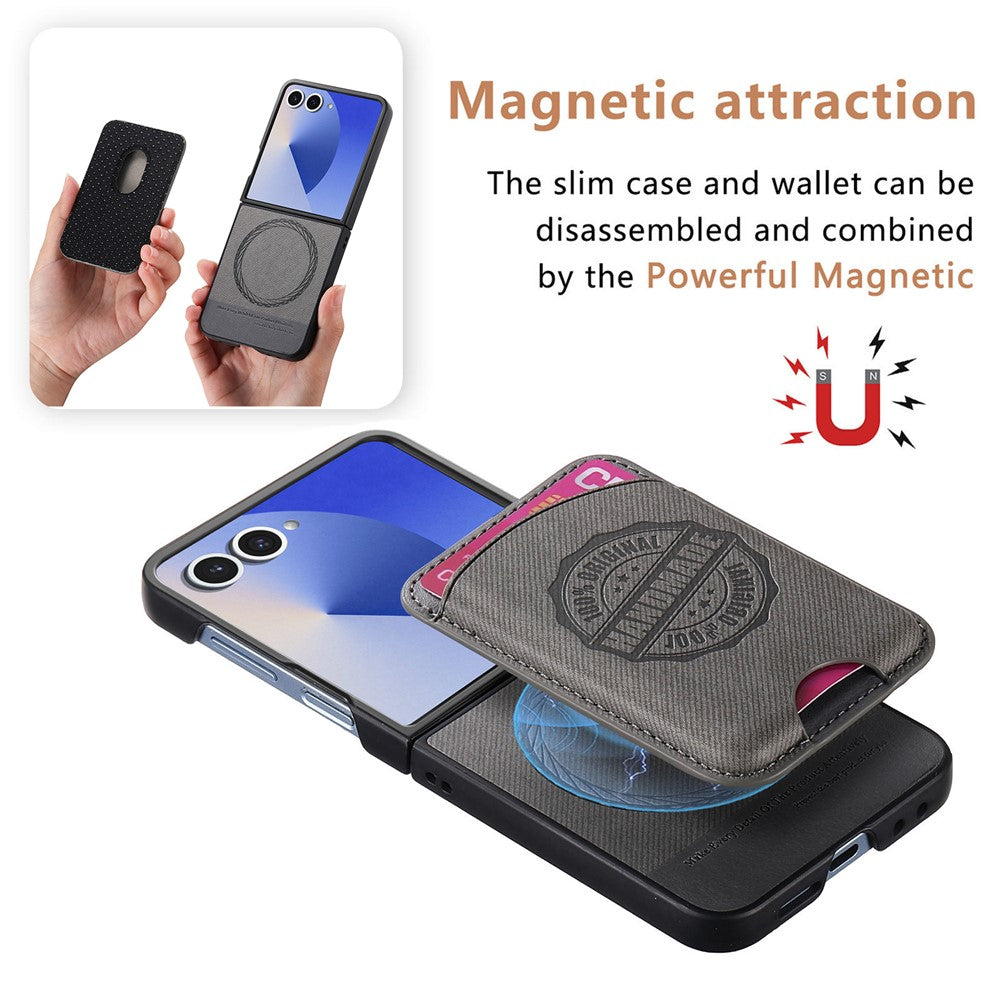 For Samsung Galaxy Z Flip7 5G Case with Card Bag Compatible with MagSafe Denim Texture Leather Back Cover - Grey