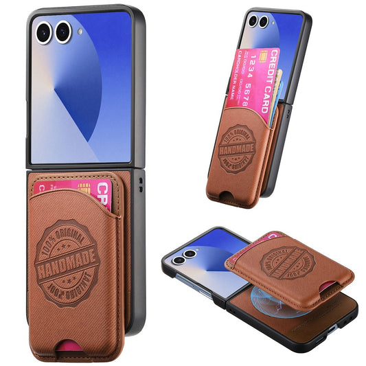 For Samsung Galaxy Z Flip7 5G Case with Card Bag Compatible with MagSafe Denim Texture Leather Back Cover - Brown