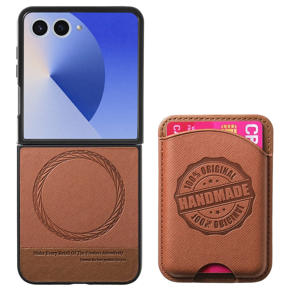 For Samsung Galaxy Z Flip7 5G Case with Card Bag Compatible with MagSafe Denim Texture Leather Back Cover - Brown