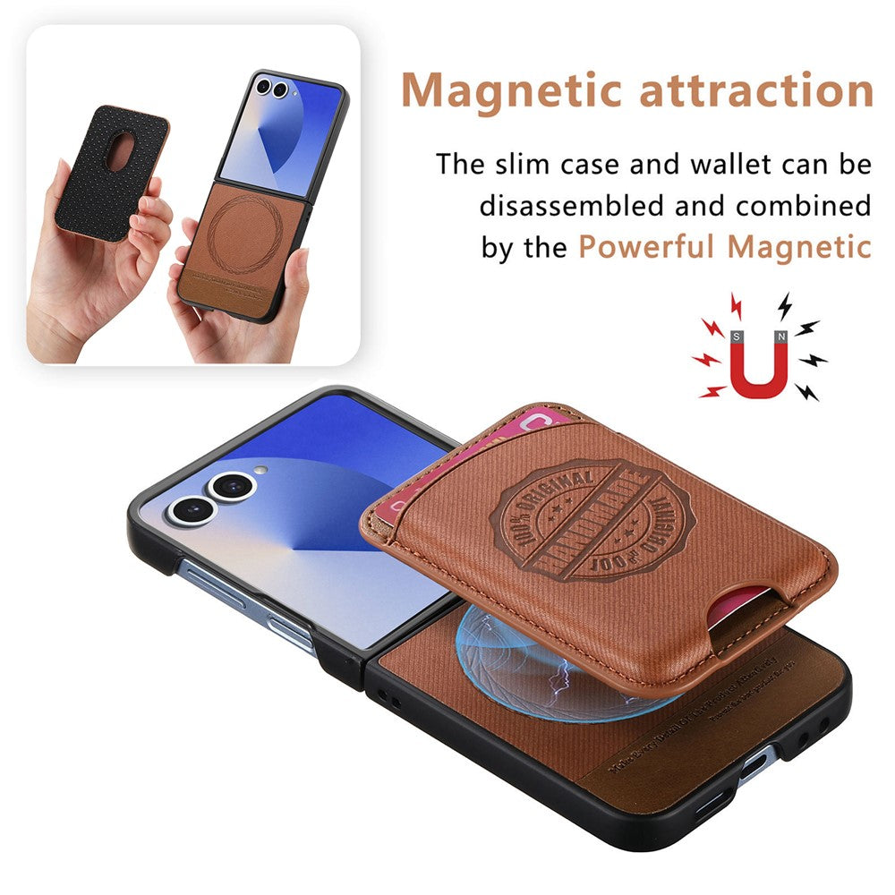 For Samsung Galaxy Z Flip7 5G Case with Card Bag Compatible with MagSafe Denim Texture Leather Back Cover - Brown