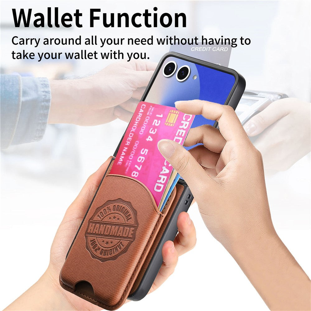 For Samsung Galaxy Z Flip7 5G Case with Card Bag Compatible with MagSafe Denim Texture Leather Back Cover - Brown