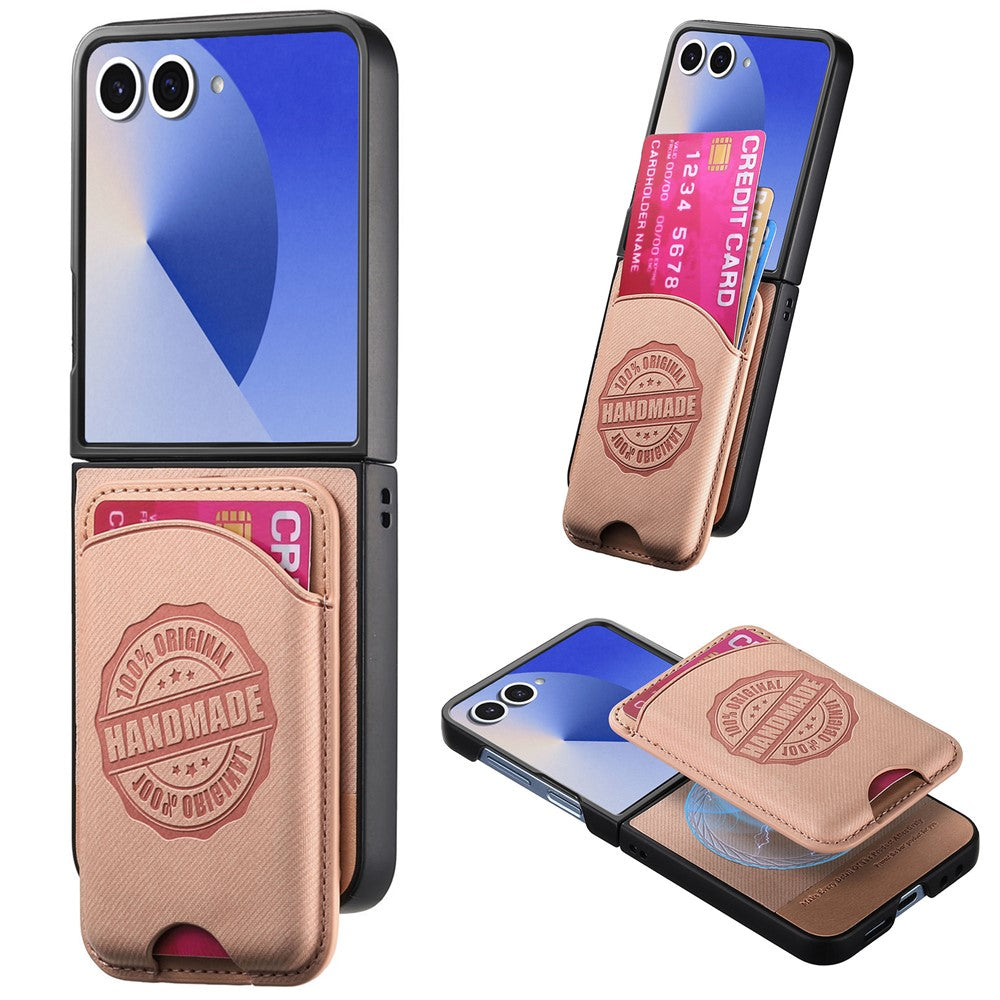 For Samsung Galaxy Z Flip7 5G Case with Card Bag Compatible with MagSafe Denim Texture Leather Back Cover - Pink