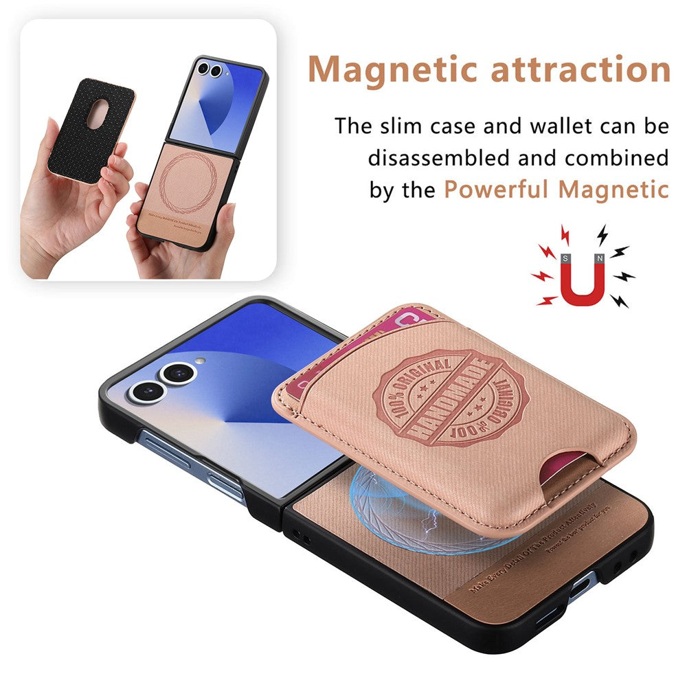For Samsung Galaxy Z Flip7 5G Case with Card Bag Compatible with MagSafe Denim Texture Leather Back Cover - Pink