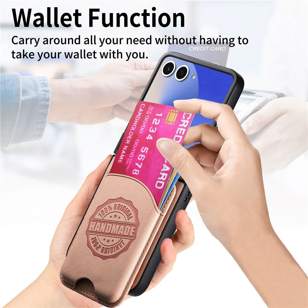 For Samsung Galaxy Z Flip7 5G Case with Card Bag Compatible with MagSafe Denim Texture Leather Back Cover - Pink