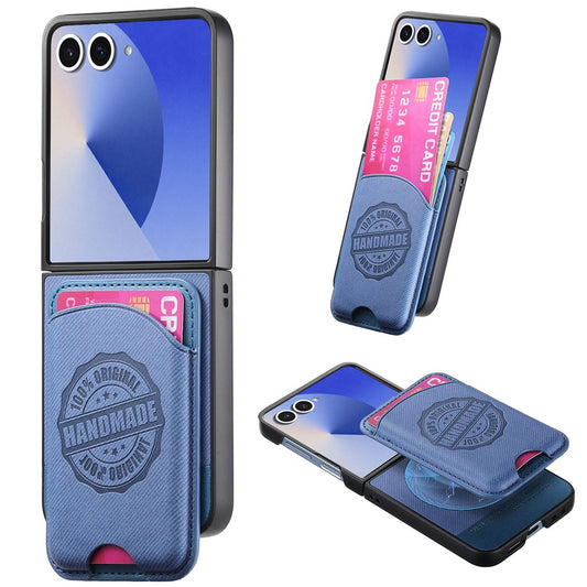 For Samsung Galaxy Z Flip7 5G Case with Card Bag Compatible with MagSafe Denim Texture Leather Back Cover - Blue