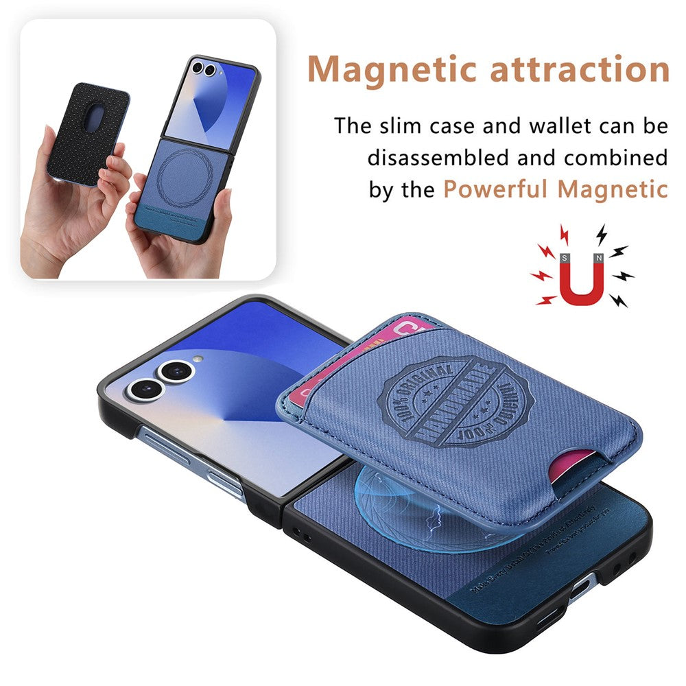 For Samsung Galaxy Z Flip7 5G Case with Card Bag Compatible with MagSafe Denim Texture Leather Back Cover - Blue