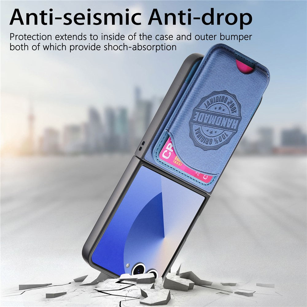 For Samsung Galaxy Z Flip7 5G Case with Card Bag Compatible with MagSafe Denim Texture Leather Back Cover - Blue