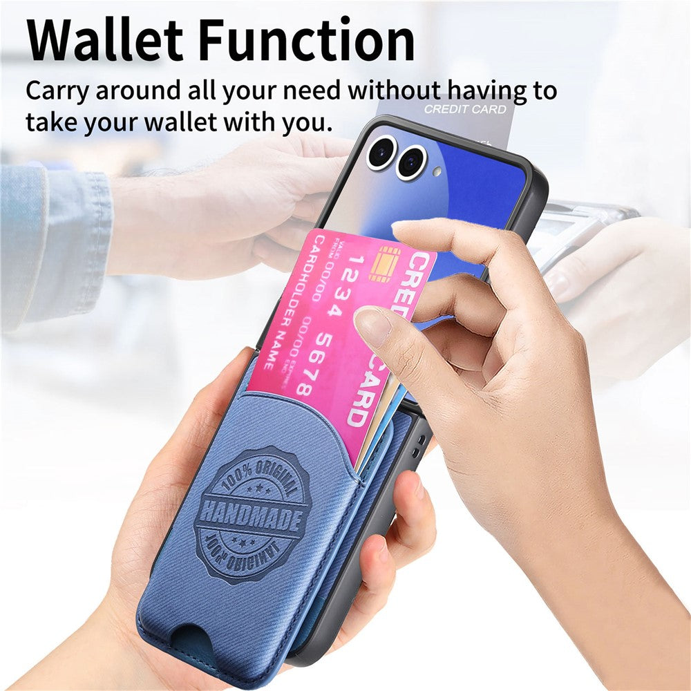 For Samsung Galaxy Z Flip7 5G Case with Card Bag Compatible with MagSafe Denim Texture Leather Back Cover - Blue
