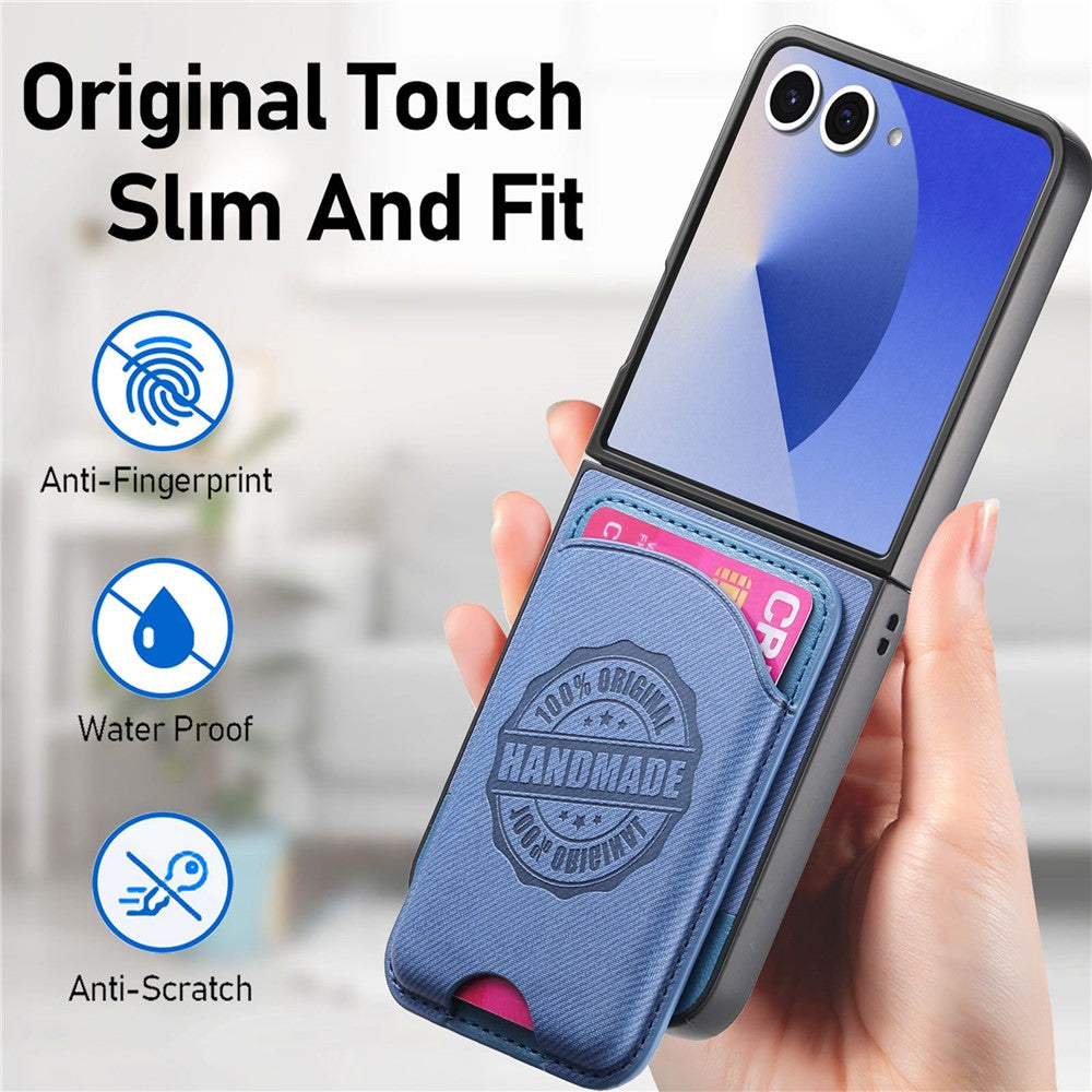 For Samsung Galaxy Z Flip7 5G Case with Card Bag Compatible with MagSafe Denim Texture Leather Back Cover - Blue