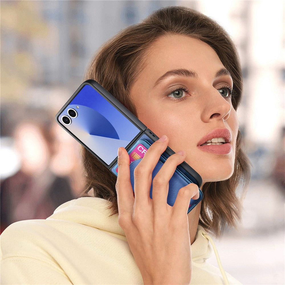 For Samsung Galaxy Z Flip7 5G Case with Card Bag Compatible with MagSafe Denim Texture Leather Back Cover - Blue