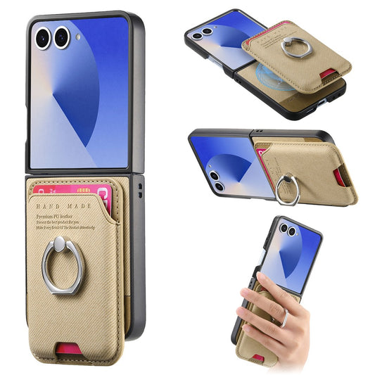 For Samsung Galaxy Z Flip7 5G Case Compatible with MagSafe Twill Texture Leather Back Cover with Card Bag - Khaki