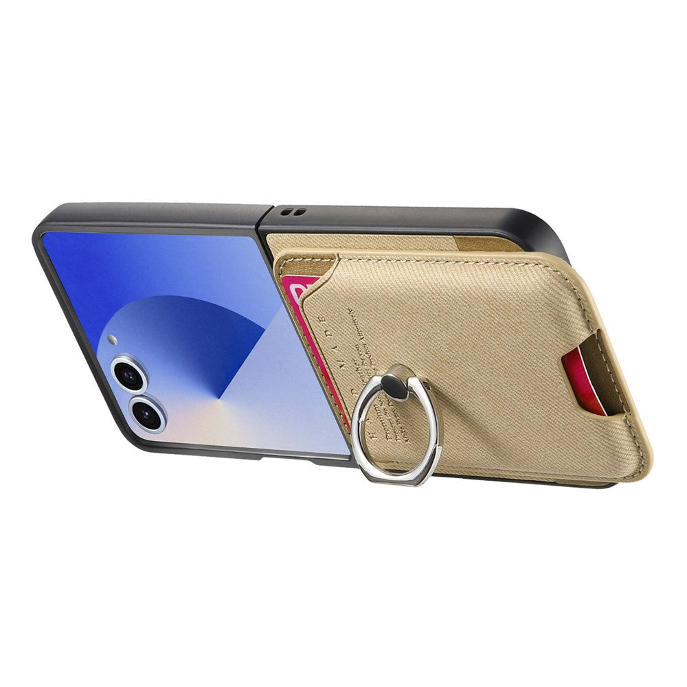 For Samsung Galaxy Z Flip7 5G Case Compatible with MagSafe Twill Texture Leather Back Cover with Card Bag - Khaki