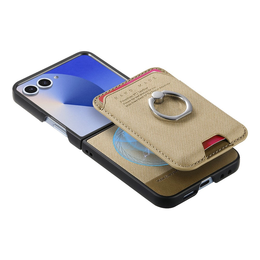 For Samsung Galaxy Z Flip7 5G Case Compatible with MagSafe Twill Texture Leather Back Cover with Card Bag - Khaki