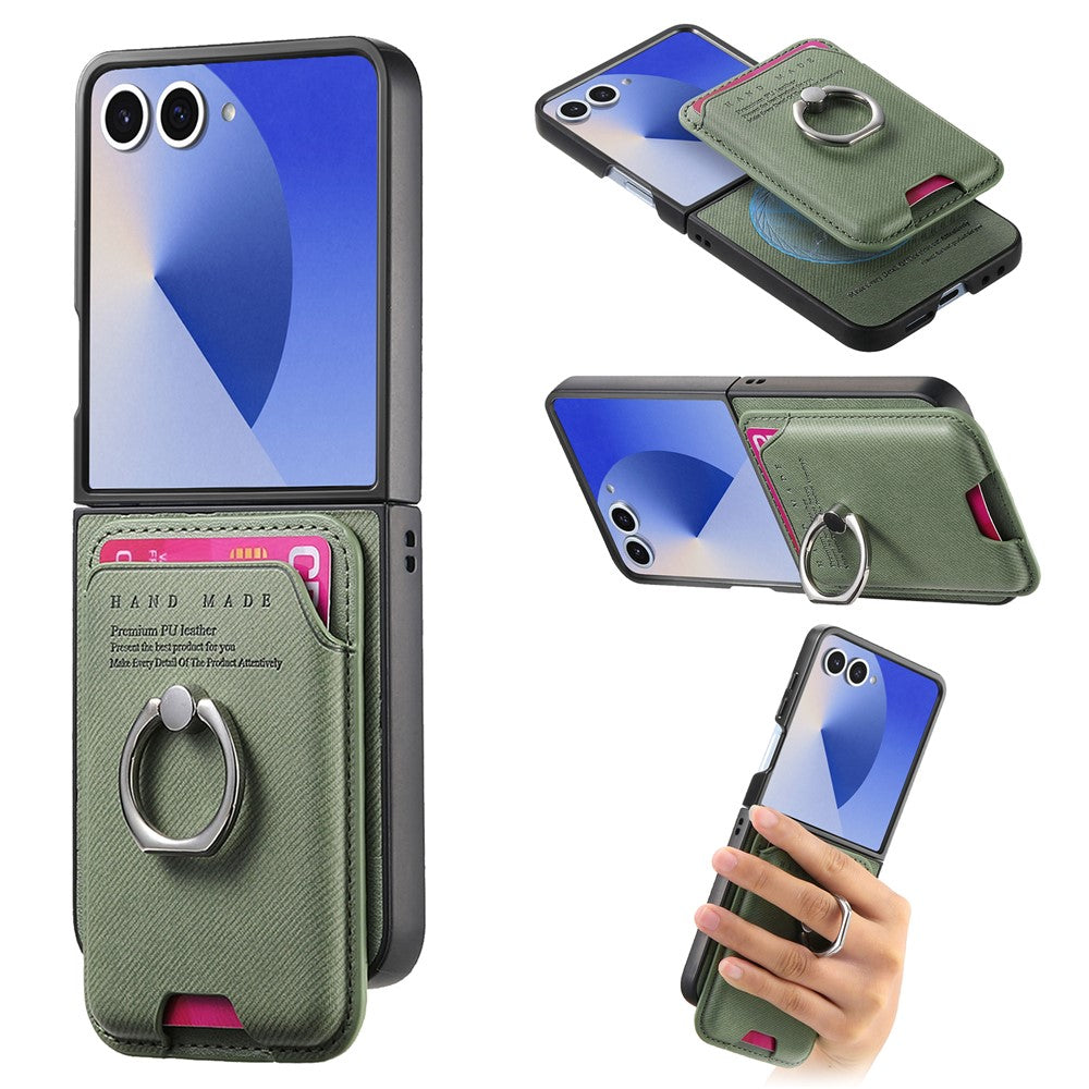 For Samsung Galaxy Z Flip7 5G Case Compatible with MagSafe Twill Texture Leather Back Cover with Card Bag - Green
