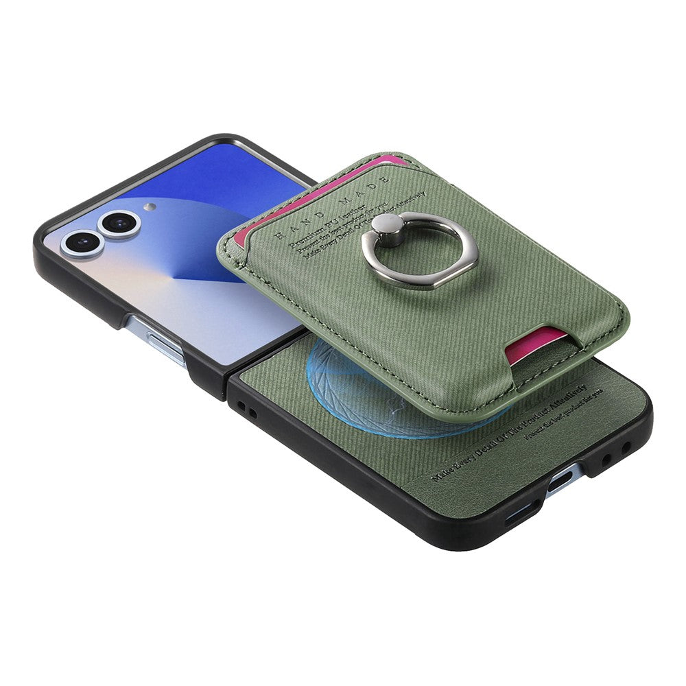 For Samsung Galaxy Z Flip7 5G Case Compatible with MagSafe Twill Texture Leather Back Cover with Card Bag - Green