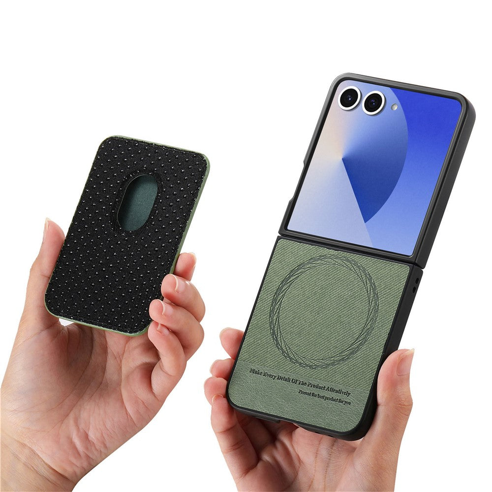 For Samsung Galaxy Z Flip7 5G Case Compatible with MagSafe Twill Texture Leather Back Cover with Card Bag - Green