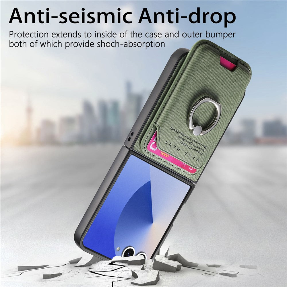 For Samsung Galaxy Z Flip7 5G Case Compatible with MagSafe Twill Texture Leather Back Cover with Card Bag - Green