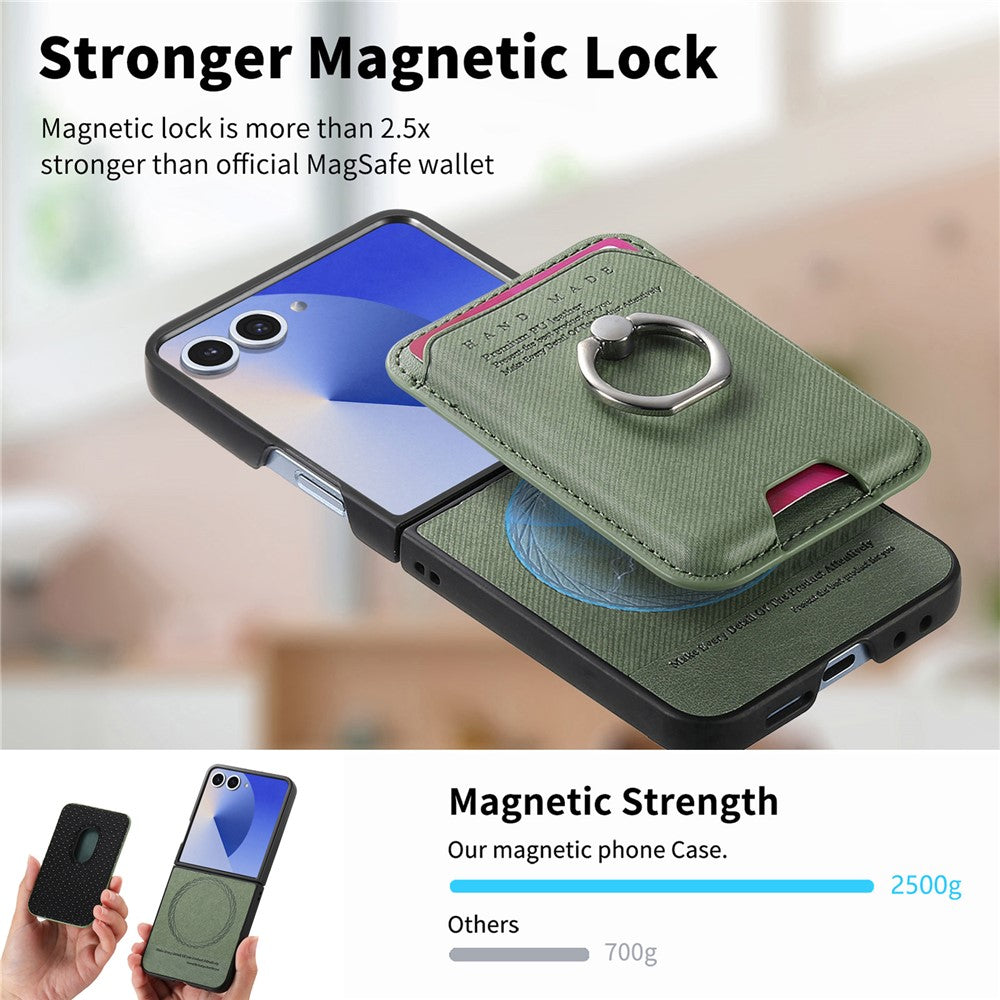 For Samsung Galaxy Z Flip7 5G Case Compatible with MagSafe Twill Texture Leather Back Cover with Card Bag - Green