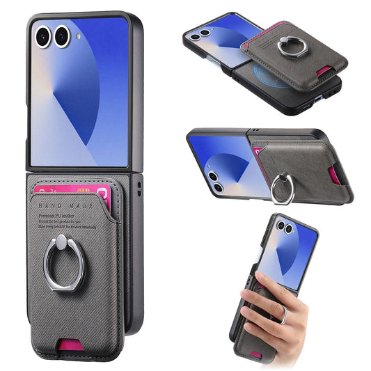 For Samsung Galaxy Z Flip7 5G Case Compatible with MagSafe Twill Texture Leather Back Cover with Card Bag - Grey