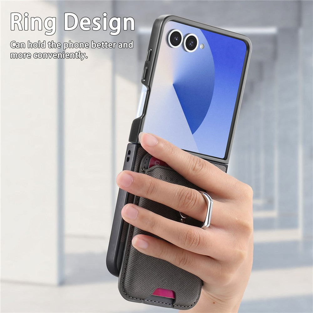 For Samsung Galaxy Z Flip7 5G Case Compatible with MagSafe Twill Texture Leather Back Cover with Card Bag - Grey