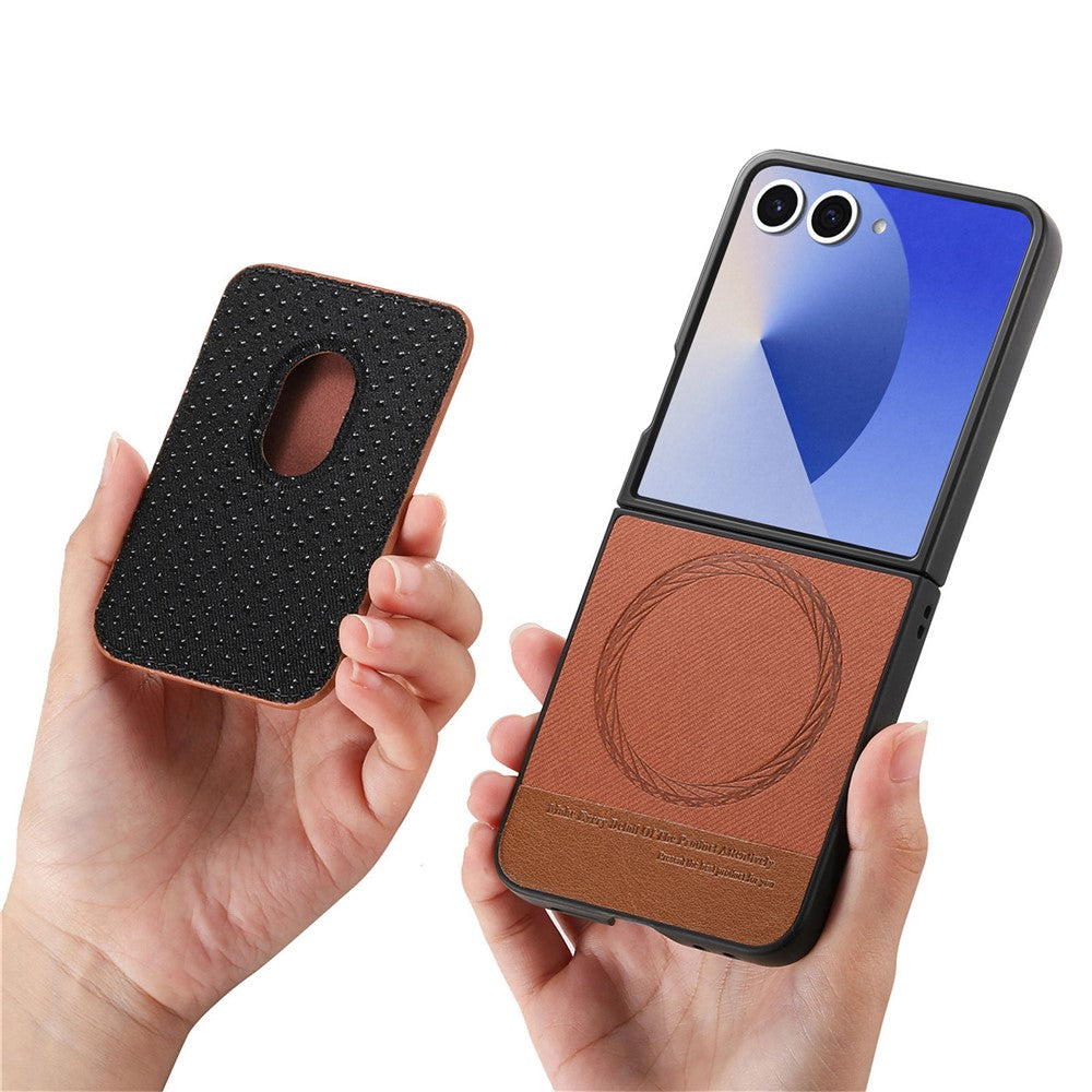 For Samsung Galaxy Z Flip7 5G Case Compatible with MagSafe Twill Texture Leather Back Cover with Card Bag - Brown