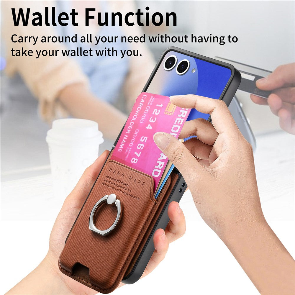 For Samsung Galaxy Z Flip7 5G Case Compatible with MagSafe Twill Texture Leather Back Cover with Card Bag - Brown