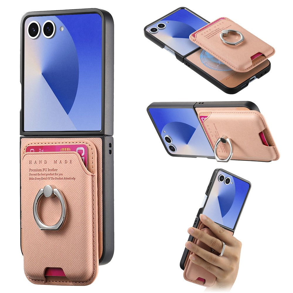 For Samsung Galaxy Z Flip7 5G Case Compatible with MagSafe Twill Texture Leather Back Cover with Card Bag - Pink