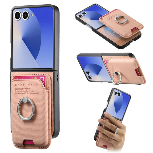 For Samsung Galaxy Z Flip7 5G Case Compatible with MagSafe Twill Texture Leather Back Cover with Card Bag - Pink