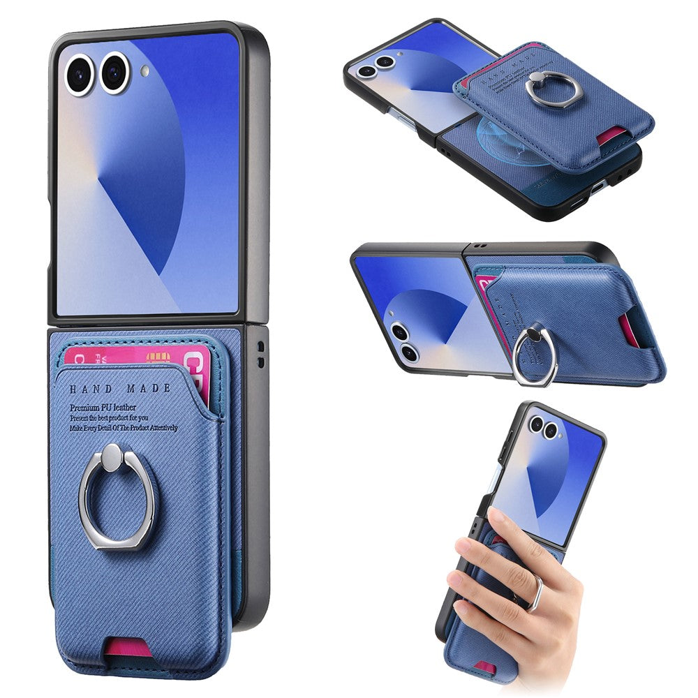 For Samsung Galaxy Z Flip7 5G Case Compatible with MagSafe Twill Texture Leather Back Cover with Card Bag - Blue