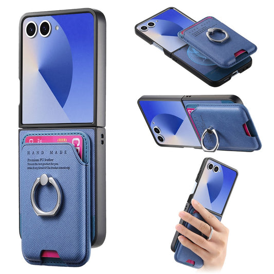 For Samsung Galaxy Z Flip7 5G Case Compatible with MagSafe Twill Texture Leather Back Cover with Card Bag - Blue