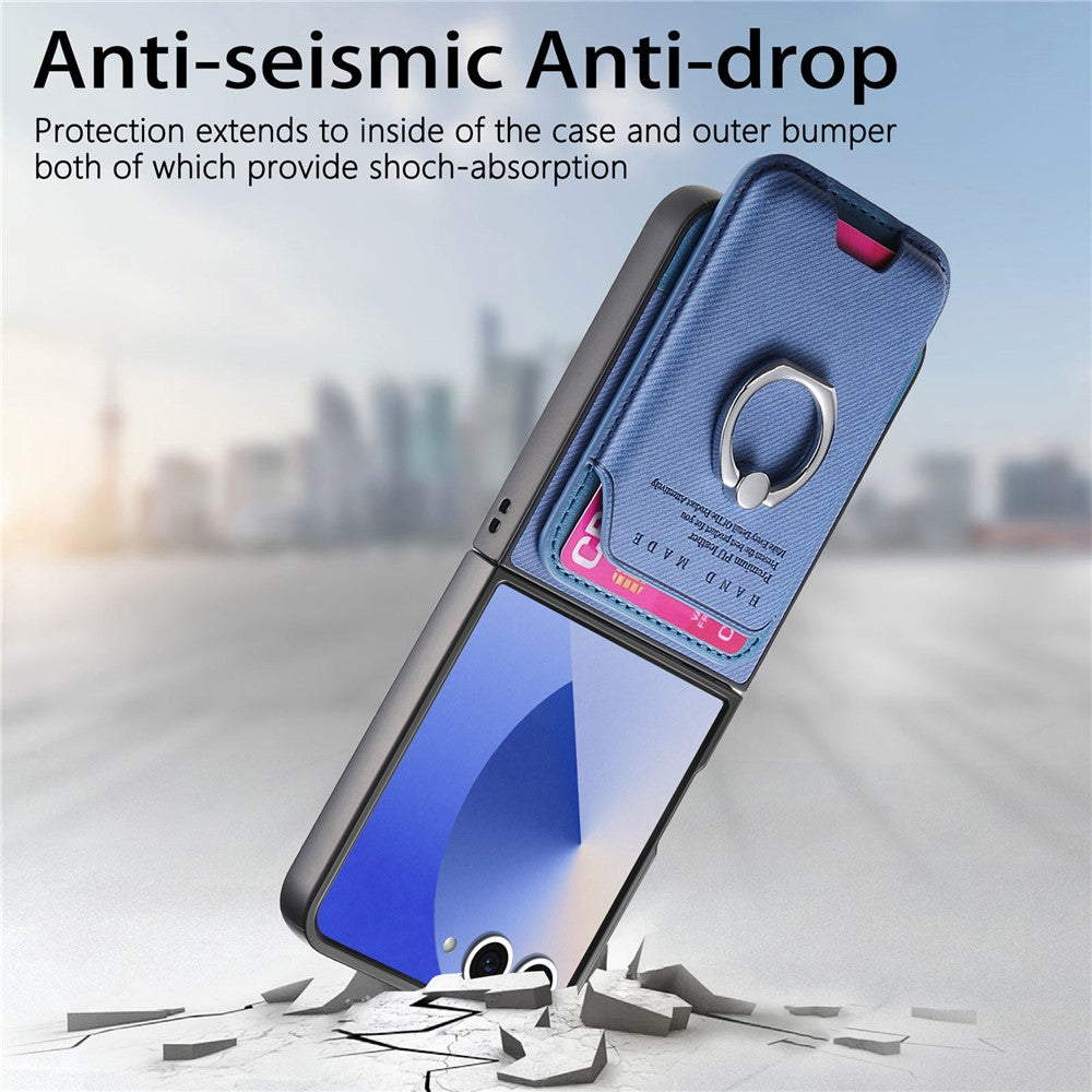For Samsung Galaxy Z Flip7 5G Case Compatible with MagSafe Twill Texture Leather Back Cover with Card Bag - Blue