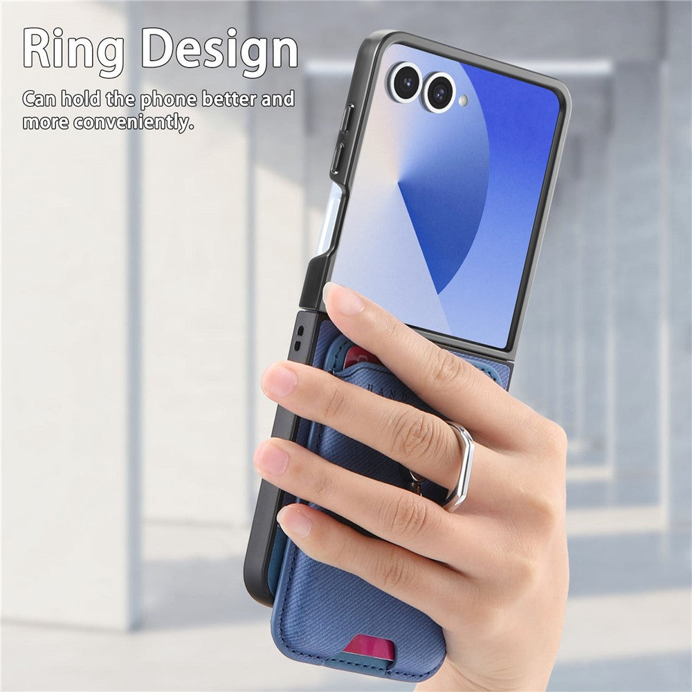 For Samsung Galaxy Z Flip7 5G Case Compatible with MagSafe Twill Texture Leather Back Cover with Card Bag - Blue