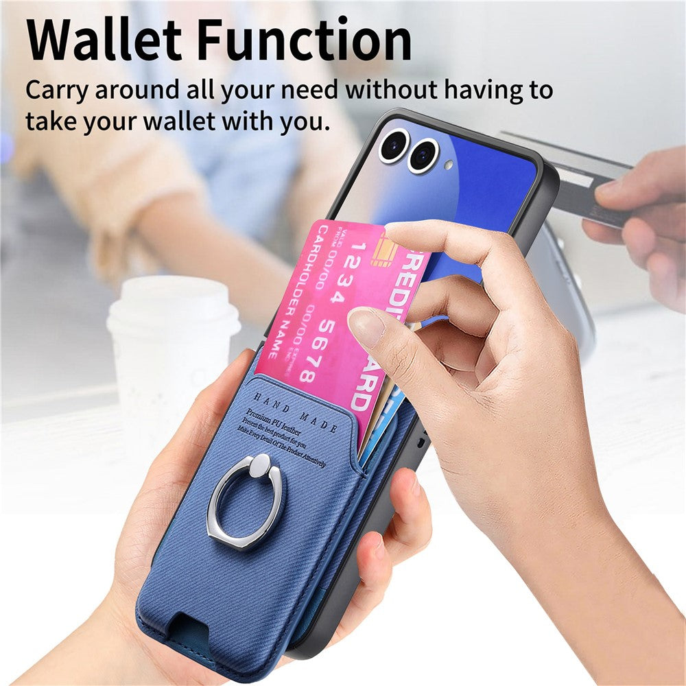 For Samsung Galaxy Z Flip7 5G Case Compatible with MagSafe Twill Texture Leather Back Cover with Card Bag - Blue